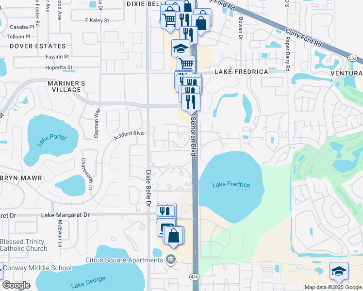 map of restaurants, bars, coffee shops, grocery stores, and more near 3030 South Semoran Boulevard in Orlando