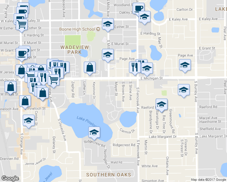 map of restaurants, bars, coffee shops, grocery stores, and more near 2723 Mayer Street in Orlando