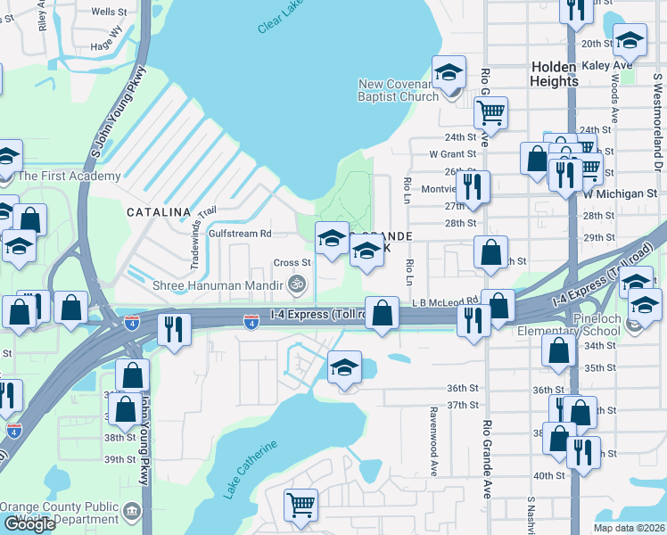 map of restaurants, bars, coffee shops, grocery stores, and more near 2448 29th St in Orlando