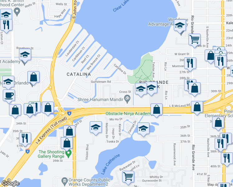 map of restaurants, bars, coffee shops, grocery stores, and more near 3009 Herbert Lane in Orlando