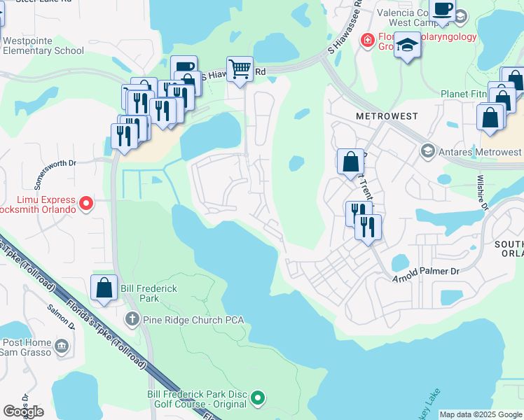 map of restaurants, bars, coffee shops, grocery stores, and more near 2337 Lake Debra Drive in Orlando