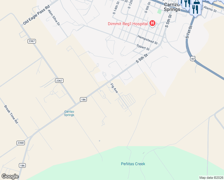 map of restaurants, bars, coffee shops, grocery stores, and more near 205 Fig Avenue in Carrizo Springs