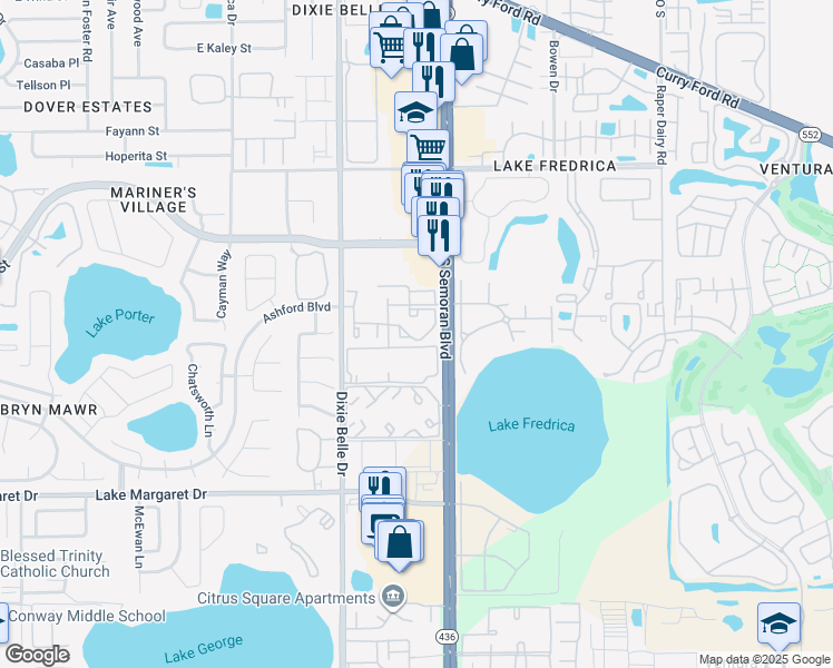 map of restaurants, bars, coffee shops, grocery stores, and more near 3030 South Semoran Boulevard in Orlando