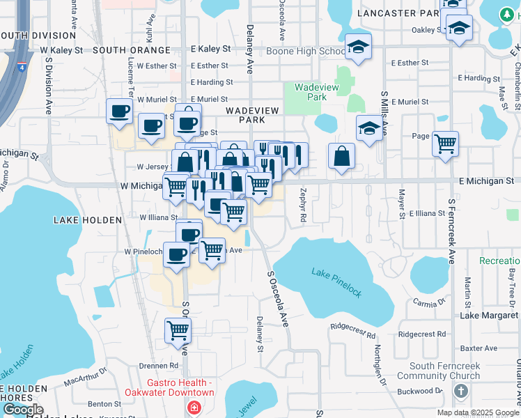 map of restaurants, bars, coffee shops, grocery stores, and more near 400 E Compton St in Orlando