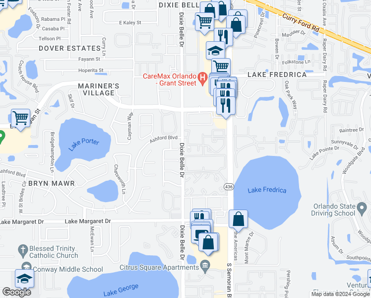 map of restaurants, bars, coffee shops, grocery stores, and more near 3160 South Semoran Boulevard in Orlando