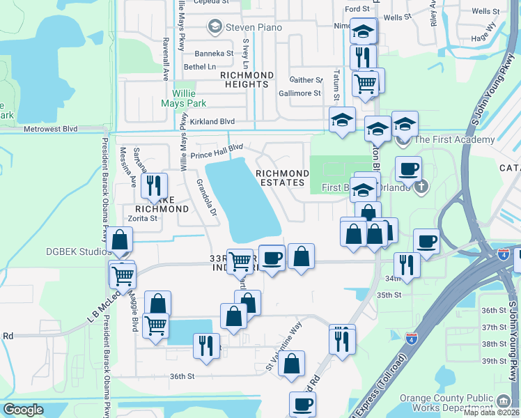 map of restaurants, bars, coffee shops, grocery stores, and more near 4291 Lake Richmond Drive in Orlando
