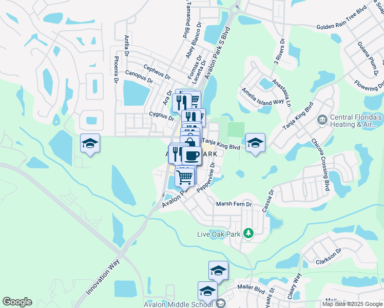map of restaurants, bars, coffee shops, grocery stores, and more near 3662 Avalon Park South Boulevard in Orlando