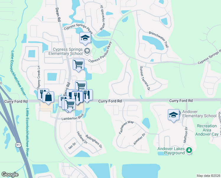 map of restaurants, bars, coffee shops, grocery stores, and more near 2366 Cypress Trace Circle in Orlando