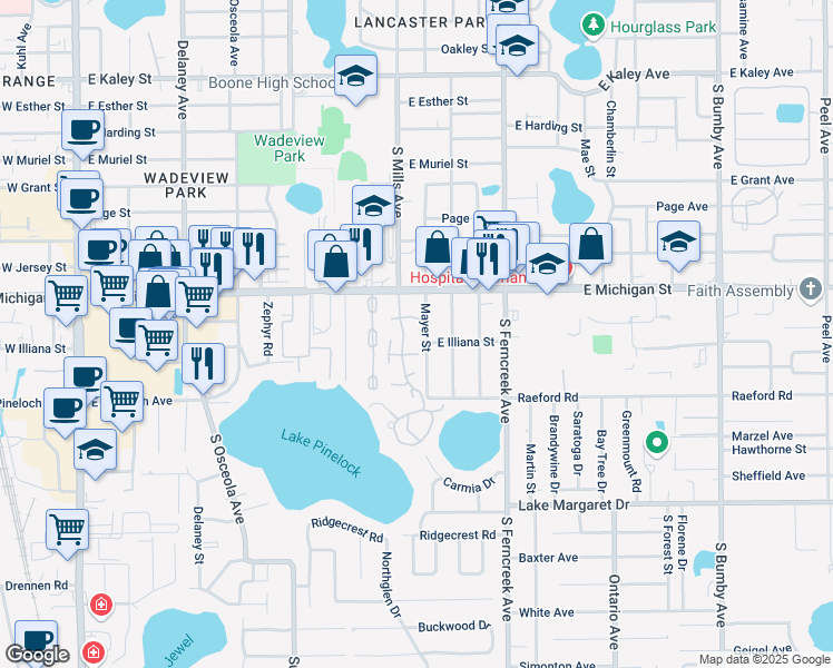 map of restaurants, bars, coffee shops, grocery stores, and more near 2723 Mayer Street in Orlando