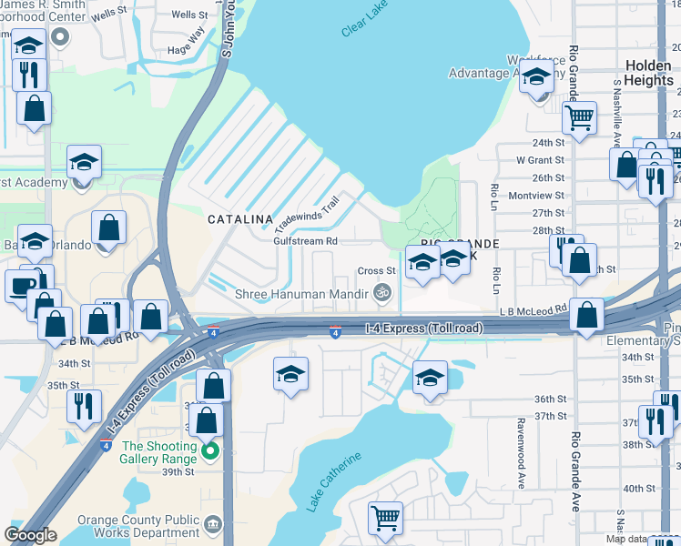 map of restaurants, bars, coffee shops, grocery stores, and more near 2849 L B McLeod Road in Orlando