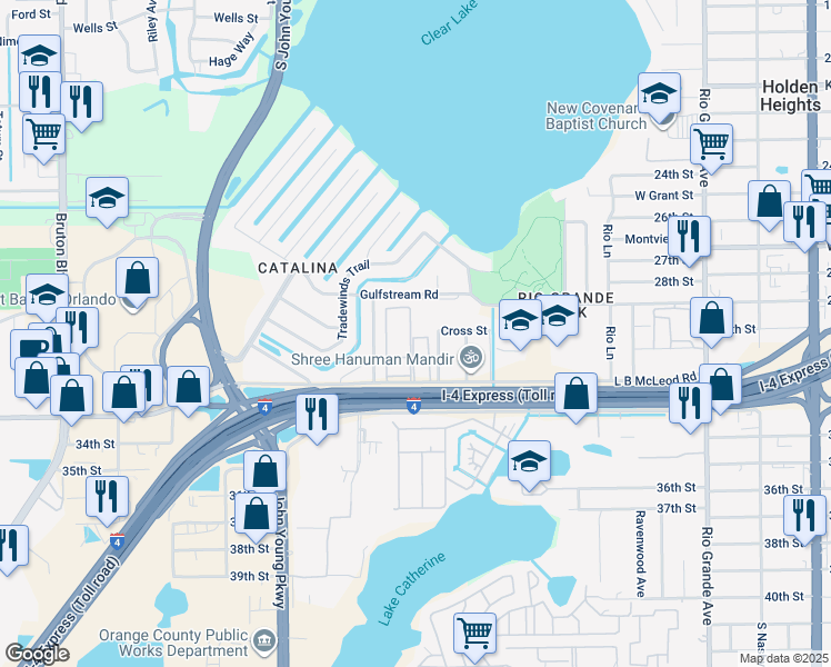 map of restaurants, bars, coffee shops, grocery stores, and more near 2849 L B McLeod Road in Orlando
