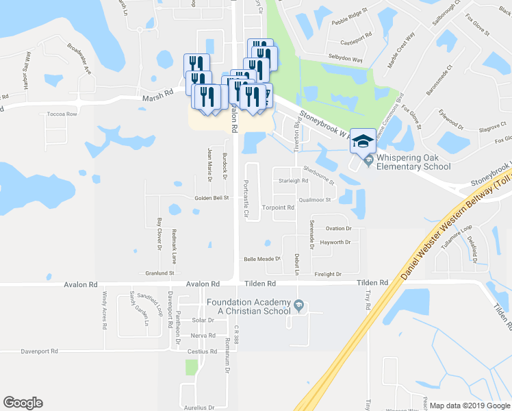 map of restaurants, bars, coffee shops, grocery stores, and more near 1603 Portcastle Circle in Winter Garden