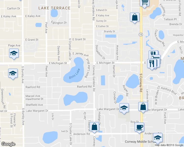 map of restaurants, bars, coffee shops, grocery stores, and more near 2730 Conway Gardens Road in Orlando