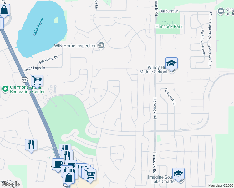 map of restaurants, bars, coffee shops, grocery stores, and more near 2311 Grasmere Circle in Clermont