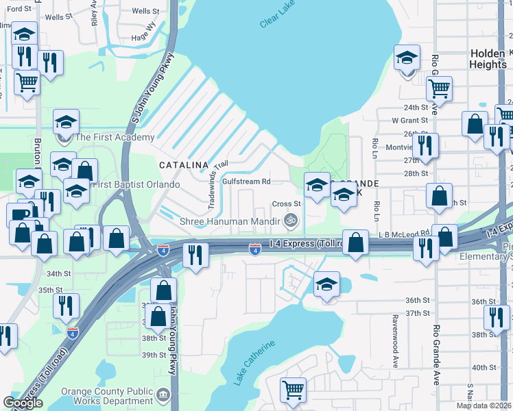 map of restaurants, bars, coffee shops, grocery stores, and more near 2849 L B McLeod Road in Orlando