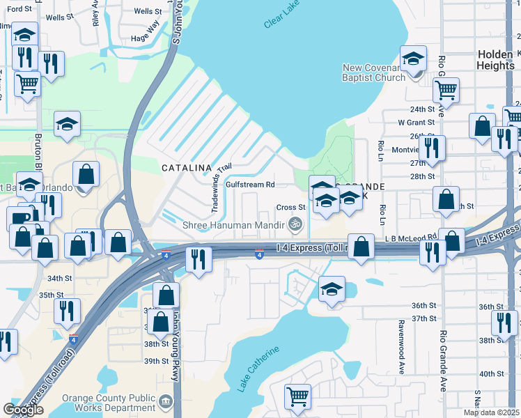 map of restaurants, bars, coffee shops, grocery stores, and more near 2849 L B McLeod Road in Orlando