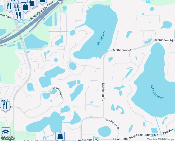 map of restaurants, bars, coffee shops, grocery stores, and more near 12724 Water Point Boulevard in Windermere