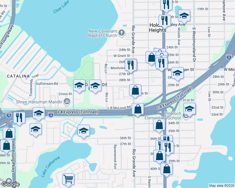map of restaurants, bars, coffee shops, grocery stores, and more near 1835 Rendale Drive in Orlando