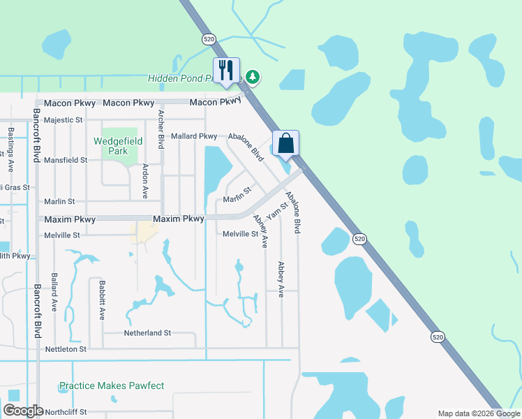 map of restaurants, bars, coffee shops, grocery stores, and more near 20828 Maxim Parkway in Orlando