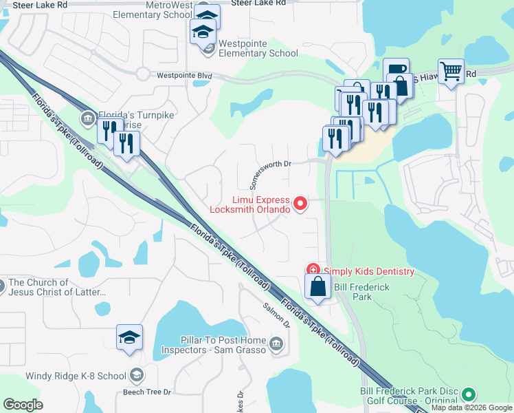 map of restaurants, bars, coffee shops, grocery stores, and more near 7228 Somersworth Drive in Orlando