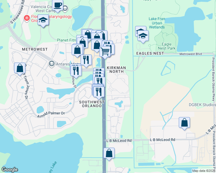 map of restaurants, bars, coffee shops, grocery stores, and more near 5566 Metrowest Boulevard in Orlando