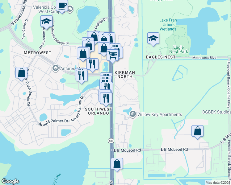 map of restaurants, bars, coffee shops, grocery stores, and more near 5566 Metrowest Boulevard in Orlando
