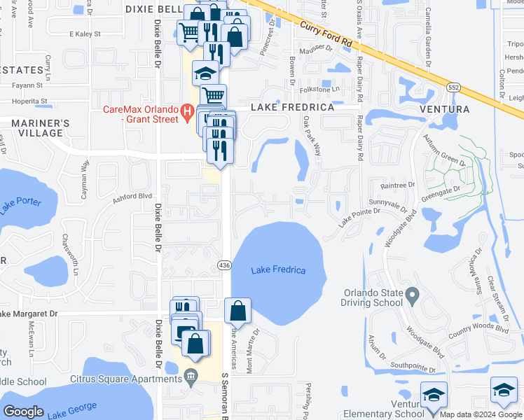 map of restaurants, bars, coffee shops, grocery stores, and more near 3119 South Semoran Boulevard in Orlando
