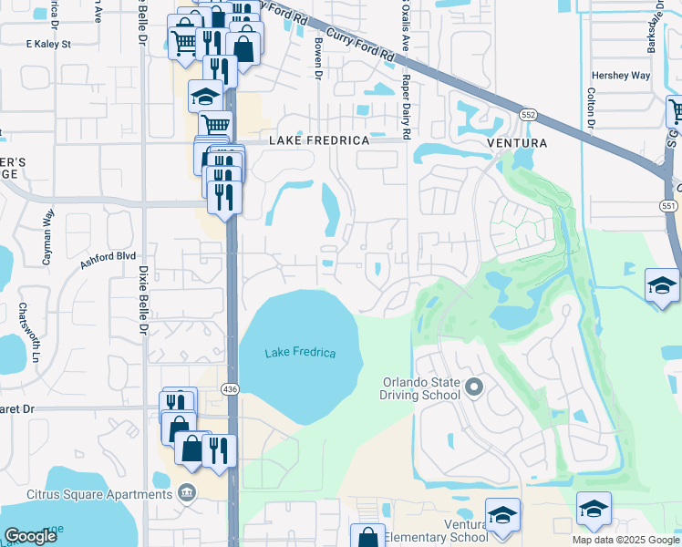 map of restaurants, bars, coffee shops, grocery stores, and more near 3047 Oak Park Way in Orlando