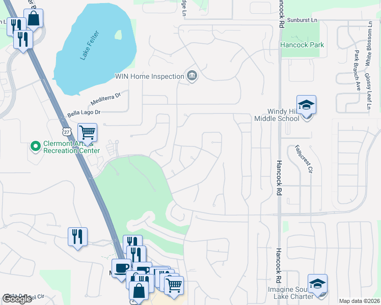 map of restaurants, bars, coffee shops, grocery stores, and more near 3622 Fairfield Drive in Clermont