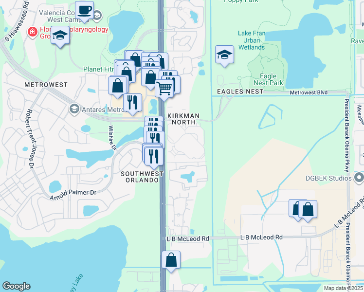 map of restaurants, bars, coffee shops, grocery stores, and more near 5572 Metrowest Boulevard in Orlando