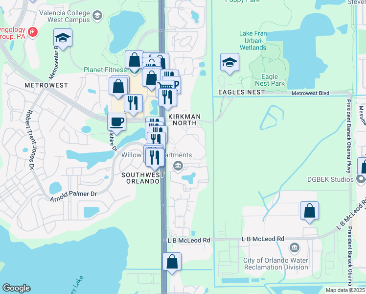 map of restaurants, bars, coffee shops, grocery stores, and more near 5572 Metrowest Boulevard in Orlando