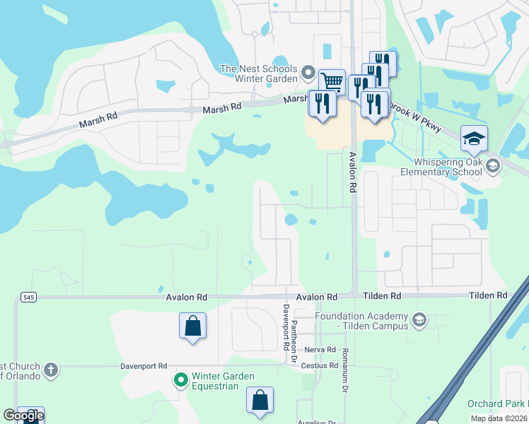 map of restaurants, bars, coffee shops, grocery stores, and more near 1951 Redmark Lane in Winter Garden