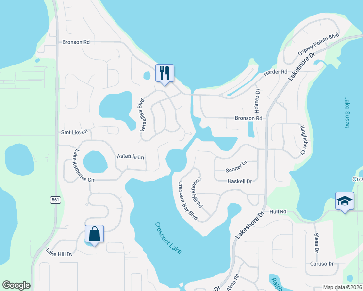 map of restaurants, bars, coffee shops, grocery stores, and more near 11143 Versailles Boulevard in Clermont