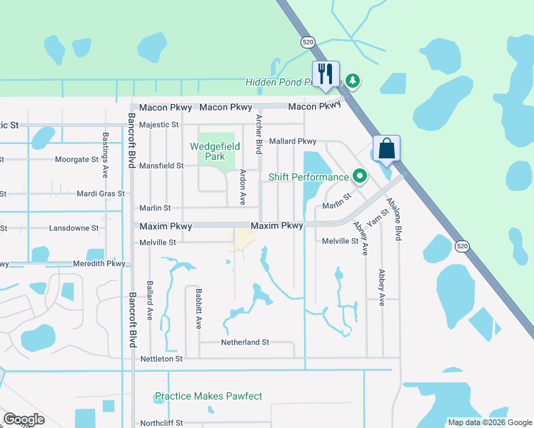 map of restaurants, bars, coffee shops, grocery stores, and more near 2413 Archer Boulevard in Orlando