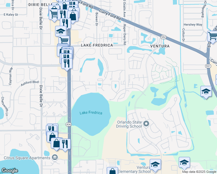 map of restaurants, bars, coffee shops, grocery stores, and more near 5990 Braemar Place in Orlando