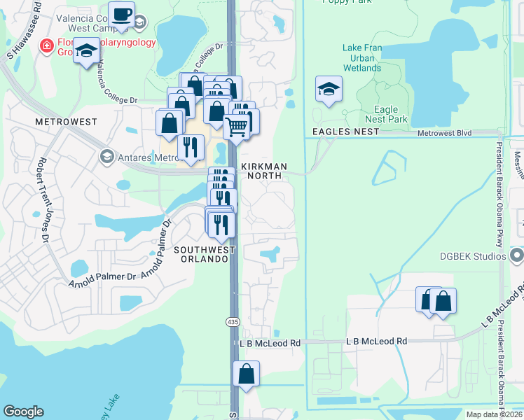 map of restaurants, bars, coffee shops, grocery stores, and more near 5572 Metrowest Boulevard in Orlando