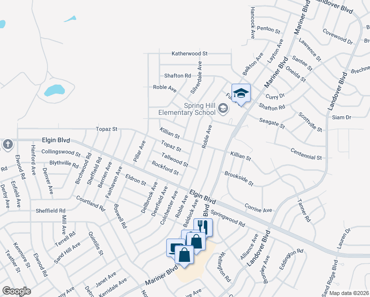 map of restaurants, bars, coffee shops, grocery stores, and more near 12157 Topaz Street in Spring Hill