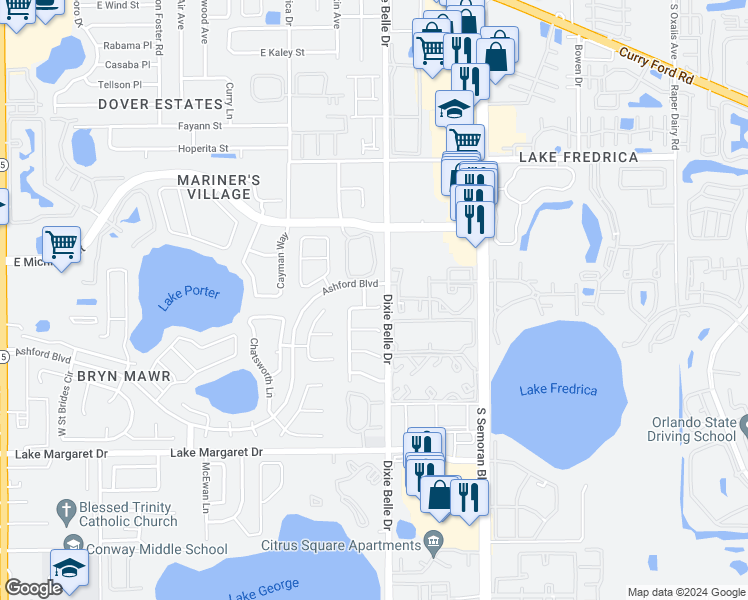 map of restaurants, bars, coffee shops, grocery stores, and more near 5429 New Haven Court in Orlando