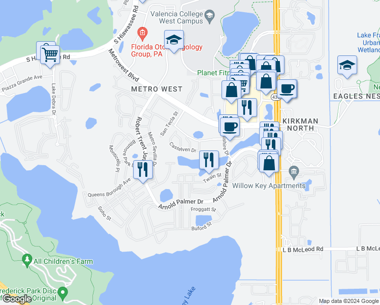 map of restaurants, bars, coffee shops, grocery stores, and more near 6258 Castelven Drive in Orlando