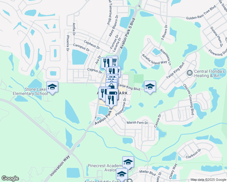 map of restaurants, bars, coffee shops, grocery stores, and more near 3662 Avalon Park South Boulevard in Orlando