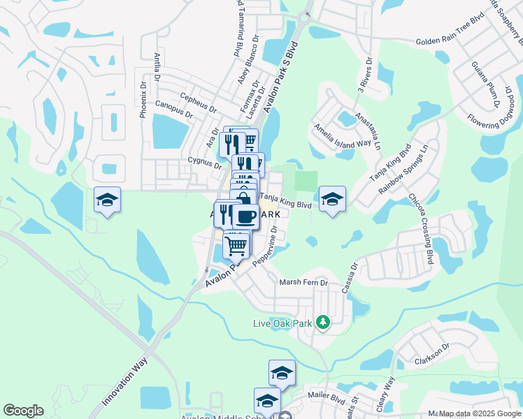 map of restaurants, bars, coffee shops, grocery stores, and more near 13300 Tanja King Boulevard in Orlando