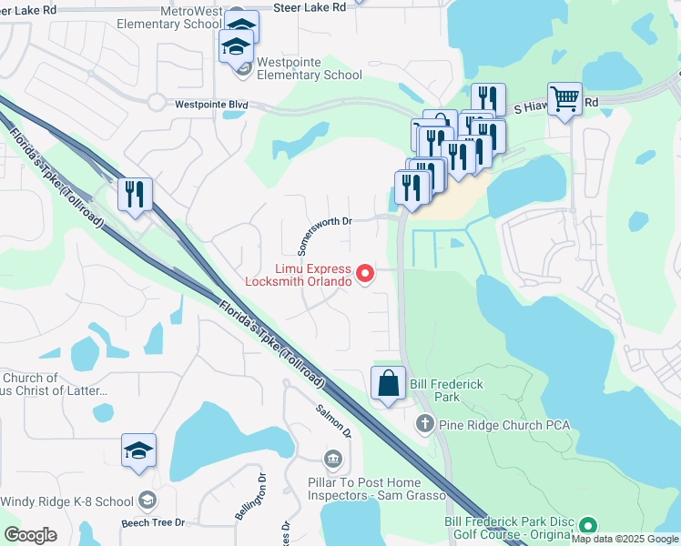 map of restaurants, bars, coffee shops, grocery stores, and more near 7239 Hunterdon Drive in Orlando