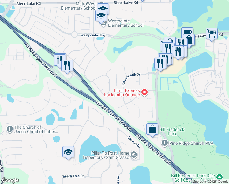 map of restaurants, bars, coffee shops, grocery stores, and more near 7325 Lismore Court in Orlando