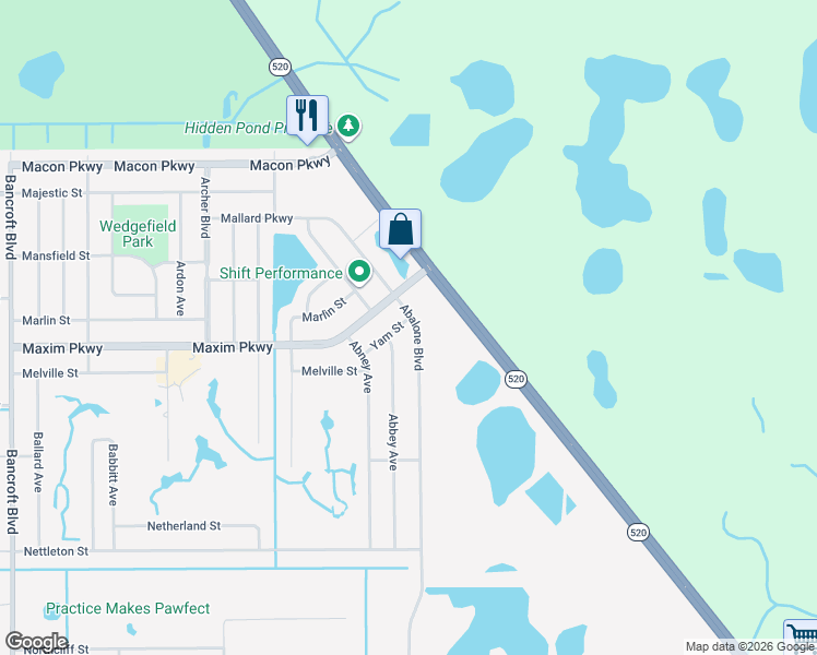 map of restaurants, bars, coffee shops, grocery stores, and more near 2430 Abalone Boulevard in Orlando