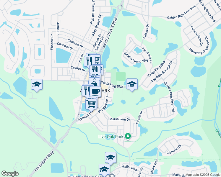 map of restaurants, bars, coffee shops, grocery stores, and more near 3531 Peppervine Drive in Orlando