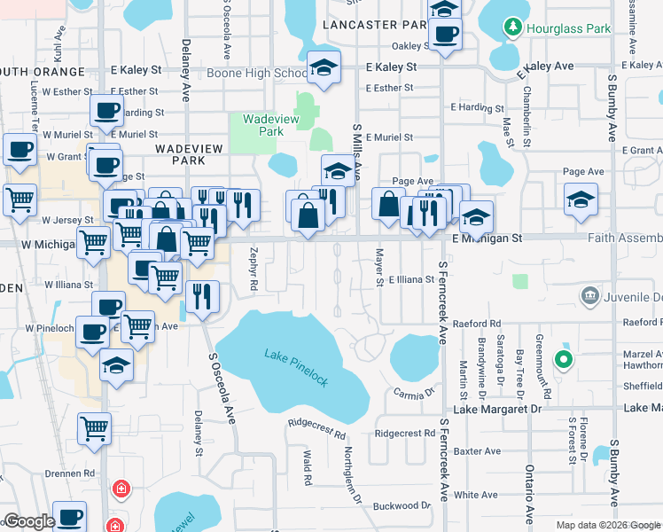map of restaurants, bars, coffee shops, grocery stores, and more near 2723 Keystone Drive in Orlando