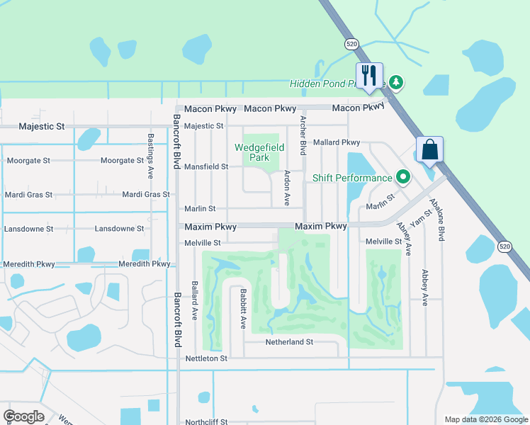 map of restaurants, bars, coffee shops, grocery stores, and more near 20412 Marlin Street in Orlando