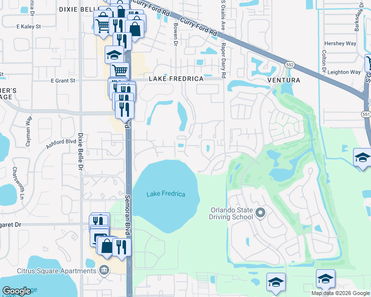 map of restaurants, bars, coffee shops, grocery stores, and more near 2936 Oak Park Way in Orlando