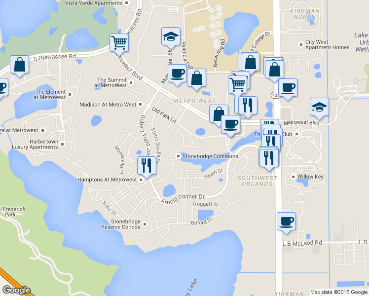 map of restaurants, bars, coffee shops, grocery stores, and more near 6258 Castelven Drive in Orlando