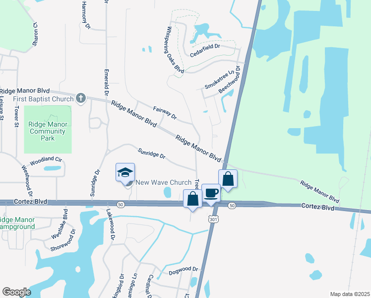 map of restaurants, bars, coffee shops, grocery stores, and more near 34366 Ridge Manor Blvd in Ridge Manor